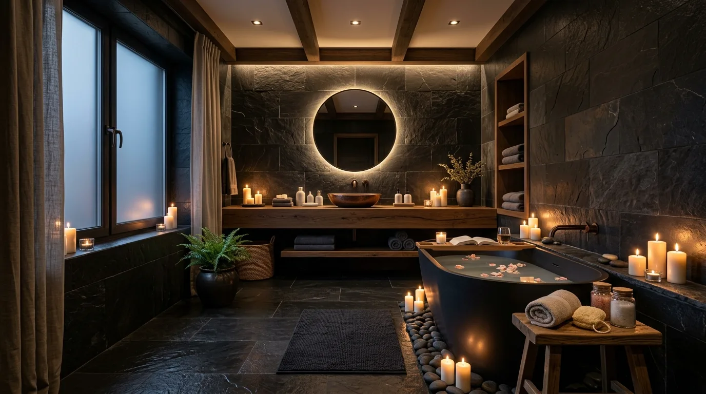 Balance black finishes with wood and stone inspiration for a black bathroom.